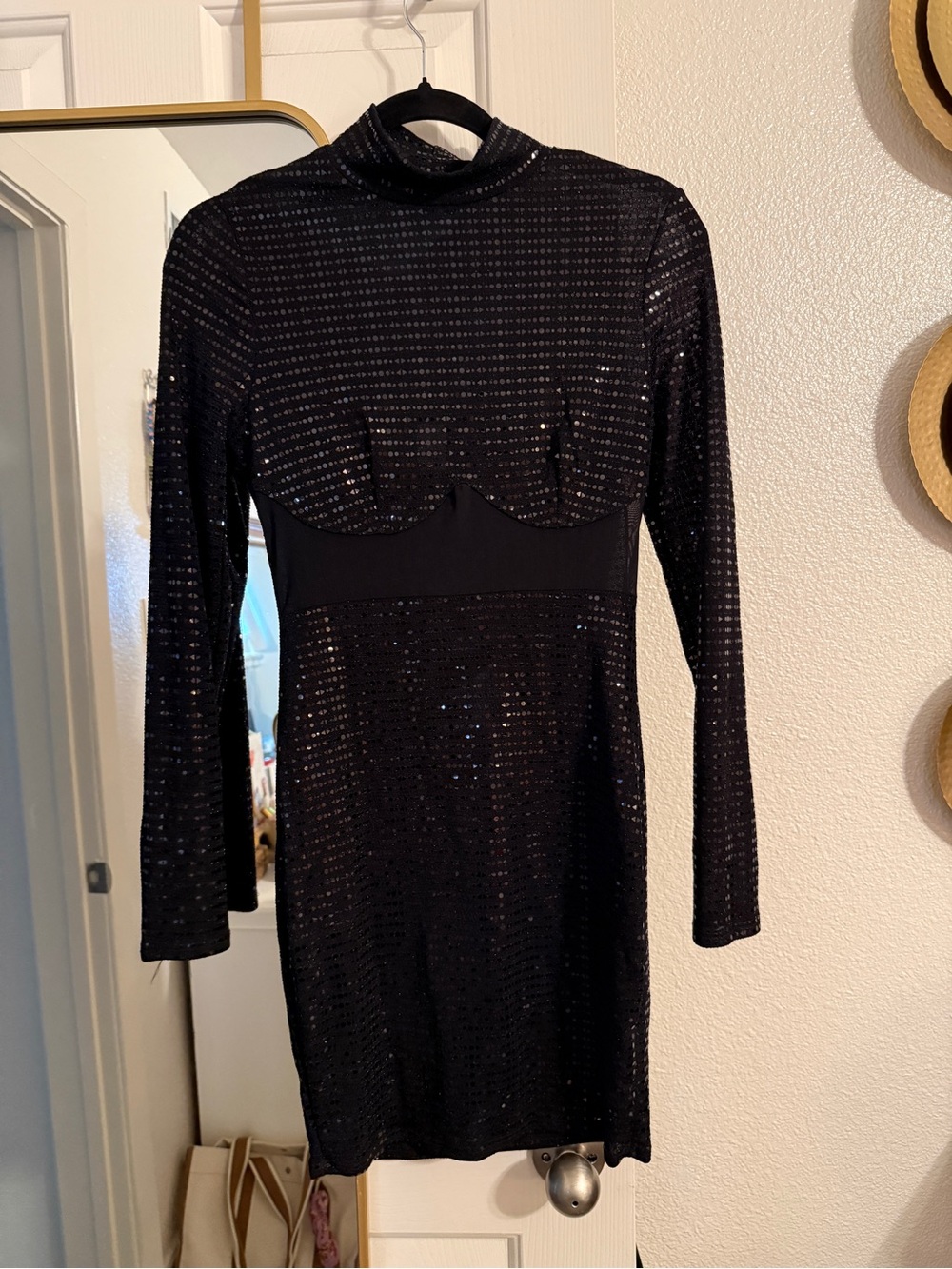 Fashion Nova Black Long-Sleeve Sequin Mock Neck Dress